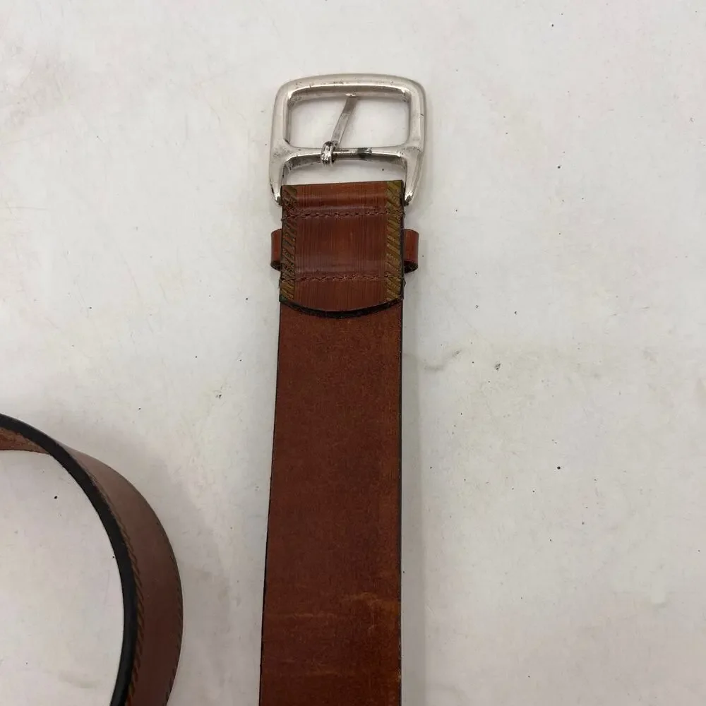 Cole Haan Belt Mens 34 Brown Leather Silver Center Bar Pin Buckle Dress Casual